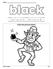 Free St. Patrick's Day leprechaun color black coloring page and color worksheet, black worksheet for preschoolers to learn colors, printable PDF