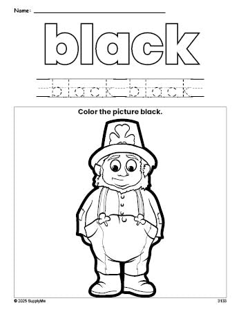 Free St. Patrick's Day leprechaun color black coloring page and color worksheet, black worksheet for preschoolers to learn colors, printable PDF