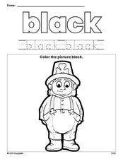 Free St. Patrick's Day leprechaun color black coloring page and color worksheet, black worksheet for preschoolers to learn colors, printable PDF