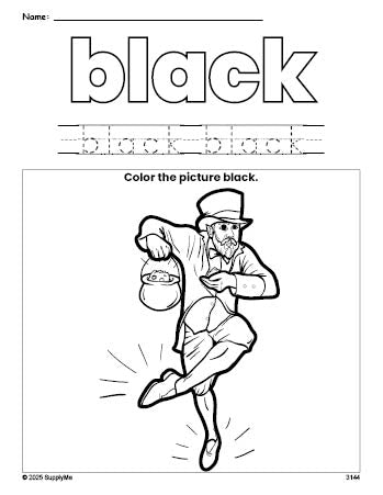 Free St. Patrick's Day leprechaun color black coloring page and color worksheet, black worksheet for preschoolers to learn colors, printable PDF