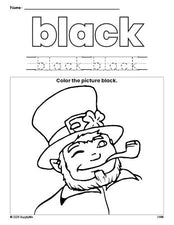 Free St. Patrick's Day leprechaun color black coloring page and color worksheet, black worksheet for preschoolers to learn colors, printable PDF