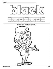 Free St. Patrick's Day leprechaun color black coloring page and color worksheet, black worksheet for preschoolers to learn colors, printable PDF