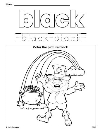 Free St. Patrick's Day leprechaun color black coloring page and color worksheet, black worksheet for preschoolers to learn colors, printable PDF