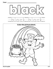 Free St. Patrick's Day leprechaun color black coloring page and color worksheet, black worksheet for preschoolers to learn colors, printable PDF