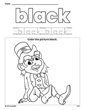 Free St. Patrick's Day leprechaun color black coloring page and color worksheet, black worksheet for preschoolers to learn colors, printable PDF