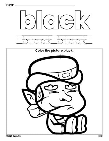 Free St. Patrick's Day leprechaun color black coloring page and color worksheet, black worksheet for preschoolers to learn colors, printable PDF