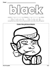 Free St. Patrick's Day leprechaun color black coloring page and color worksheet, black worksheet for preschoolers to learn colors, printable PDF