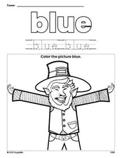 Free St. Patrick's Day leprechaun color blue coloring page and color worksheet, blue worksheet for preschoolers to learn colors, printable PDF