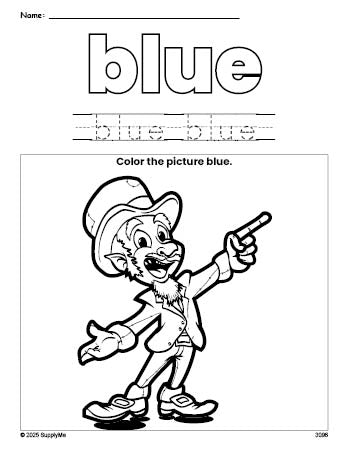 Free St. Patrick's Day leprechaun color blue coloring page and color worksheet, blue worksheet for preschoolers to learn colors, printable PDF