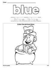 Free St. Patrick's Day leprechaun color blue coloring page and color worksheet, blue worksheet for preschoolers to learn colors, printable PDF