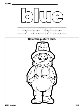 Free St. Patrick's Day leprechaun color blue coloring page and color worksheet, blue worksheet for preschoolers to learn colors, printable PDF