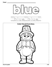 Free St. Patrick's Day leprechaun color blue coloring page and color worksheet, blue worksheet for preschoolers to learn colors, printable PDF