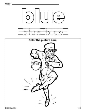 Free St. Patrick's Day leprechaun color blue coloring page and color worksheet, blue worksheet for preschoolers to learn colors, printable PDF