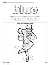 Free St. Patrick's Day leprechaun color blue coloring page and color worksheet, blue worksheet for preschoolers to learn colors, printable PDF