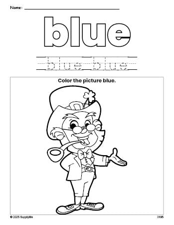 Free St. Patrick's Day leprechaun color blue coloring page and color worksheet, blue worksheet for preschoolers to learn colors, printable PDF