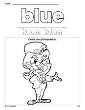 Free St. Patrick's Day leprechaun color blue coloring page and color worksheet, blue worksheet for preschoolers to learn colors, printable PDF