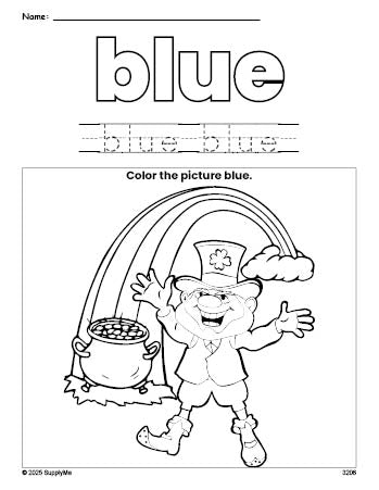 Free St. Patrick's Day leprechaun color blue coloring page and color worksheet, blue worksheet for preschoolers to learn colors, printable PDF