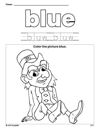 Free St. Patrick's Day leprechaun color blue coloring page and color worksheet, blue worksheet for preschoolers to learn colors, printable PDF