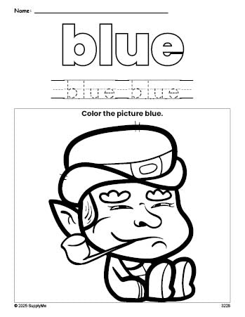 Free St. Patrick's Day leprechaun color blue coloring page and color worksheet, blue worksheet for preschoolers to learn colors, printable PDF