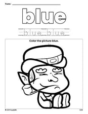 Free St. Patrick's Day leprechaun color blue coloring page and color worksheet, blue worksheet for preschoolers to learn colors, printable PDF