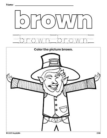 Free St. Patrick's Day leprechaun color brown coloring page and color worksheet, brown worksheet for preschoolers to learn colors, printable PDF