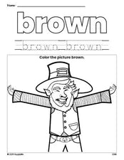 Free St. Patrick's Day leprechaun color brown coloring page and color worksheet, brown worksheet for preschoolers to learn colors, printable PDF