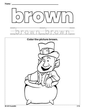 Free St. Patrick's Day leprechaun color brown coloring page and color worksheet, brown worksheet for preschoolers to learn colors, printable PDF