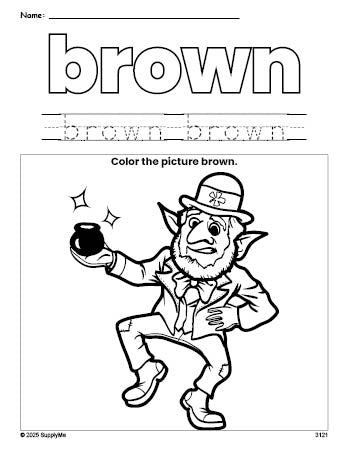 Free St. Patrick's Day leprechaun color brown coloring page and color worksheet, brown worksheet for preschoolers to learn colors, printable PDF