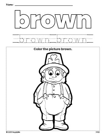 Free St. Patrick's Day leprechaun color brown coloring page and color worksheet, brown worksheet for preschoolers to learn colors, printable PDF