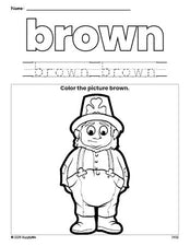 Free St. Patrick's Day leprechaun color brown coloring page and color worksheet, brown worksheet for preschoolers to learn colors, printable PDF