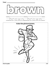 Free St. Patrick's Day leprechaun color brown coloring page and color worksheet, brown worksheet for preschoolers to learn colors, printable PDF