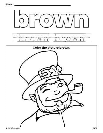 Free St. Patrick's Day leprechaun color brown coloring page and color worksheet, brown worksheet for preschoolers to learn colors, printable PDF