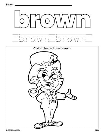 Free St. Patrick's Day leprechaun color brown coloring page and color worksheet, brown worksheet for preschoolers to learn colors, printable PDF