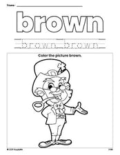 Free St. Patrick's Day leprechaun color brown coloring page and color worksheet, brown worksheet for preschoolers to learn colors, printable PDF