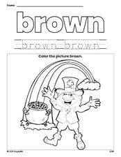 Free St. Patrick's Day leprechaun color brown coloring page and color worksheet, brown worksheet for preschoolers to learn colors, printable PDF