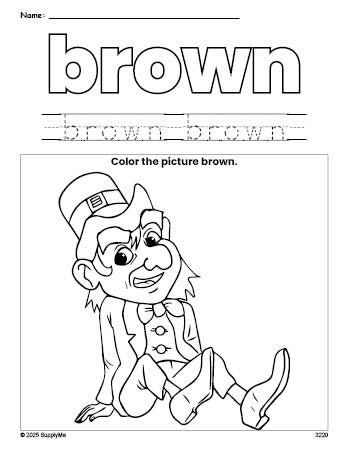 Free St. Patrick's Day leprechaun color brown coloring page and color worksheet, brown worksheet for preschoolers to learn colors, printable PDF