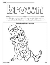 Free St. Patrick's Day leprechaun color brown coloring page and color worksheet, brown worksheet for preschoolers to learn colors, printable PDF