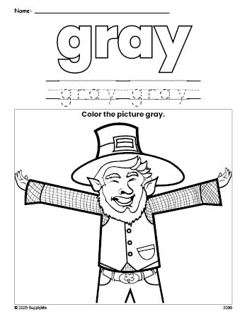 Free St. Patrick's Day leprechaun color gray coloring page and color worksheet, gray worksheet for preschoolers to learn colors, printable PDF