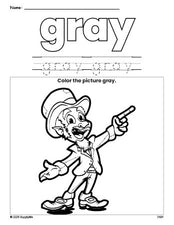 Free St. Patrick's Day leprechaun color gray coloring page and color worksheet, gray worksheet for preschoolers to learn colors, printable PDF