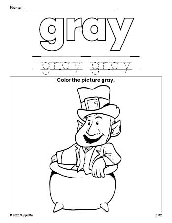 Free St. Patrick's Day leprechaun color gray coloring page and color worksheet, gray worksheet for preschoolers to learn colors, printable PDF