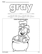 Free St. Patrick's Day leprechaun color gray coloring page and color worksheet, gray worksheet for preschoolers to learn colors, printable PDF