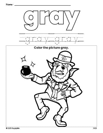 Free St. Patrick's Day leprechaun color gray coloring page and color worksheet, gray worksheet for preschoolers to learn colors, printable PDF