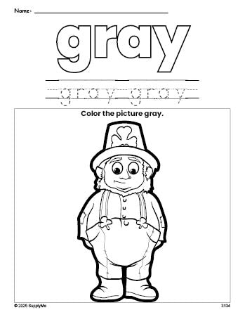 Free St. Patrick's Day leprechaun color gray coloring page and color worksheet, gray worksheet for preschoolers to learn colors, printable PDF