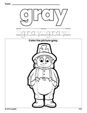 Free St. Patrick's Day leprechaun color gray coloring page and color worksheet, gray worksheet for preschoolers to learn colors, printable PDF