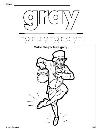 Free St. Patrick's Day leprechaun color gray coloring page and color worksheet, gray worksheet for preschoolers to learn colors, printable PDF