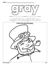 Free St. Patrick's Day leprechaun color gray coloring page and color worksheet, gray worksheet for preschoolers to learn colors, printable PDF