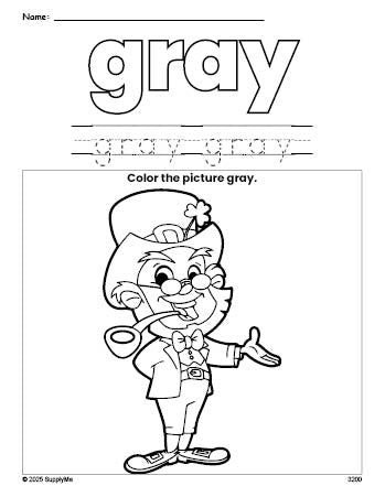 Free St. Patrick's Day leprechaun color gray coloring page and color worksheet, gray worksheet for preschoolers to learn colors, printable PDF