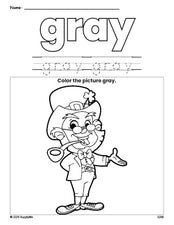 Free St. Patrick's Day leprechaun color gray coloring page and color worksheet, gray worksheet for preschoolers to learn colors, printable PDF