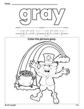 Free St. Patrick's Day leprechaun color gray coloring page and color worksheet, gray worksheet for preschoolers to learn colors, printable PDF