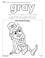 Free St. Patrick's Day leprechaun color gray coloring page and color worksheet, gray worksheet for preschoolers to learn colors, printable PDF